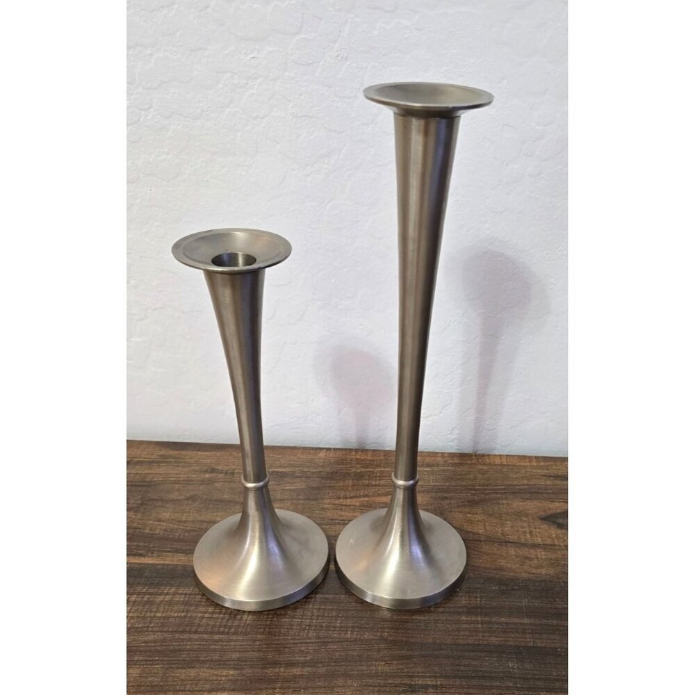 Set Of 2 Brushed Silver Metal Candle Holders Made In India, 9" and 12" Tall - Picture 6 of 9